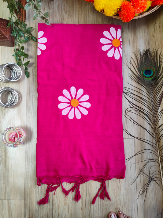 PINK SUNFLOWER HAND PAINTED KHADI COTTON SAREE