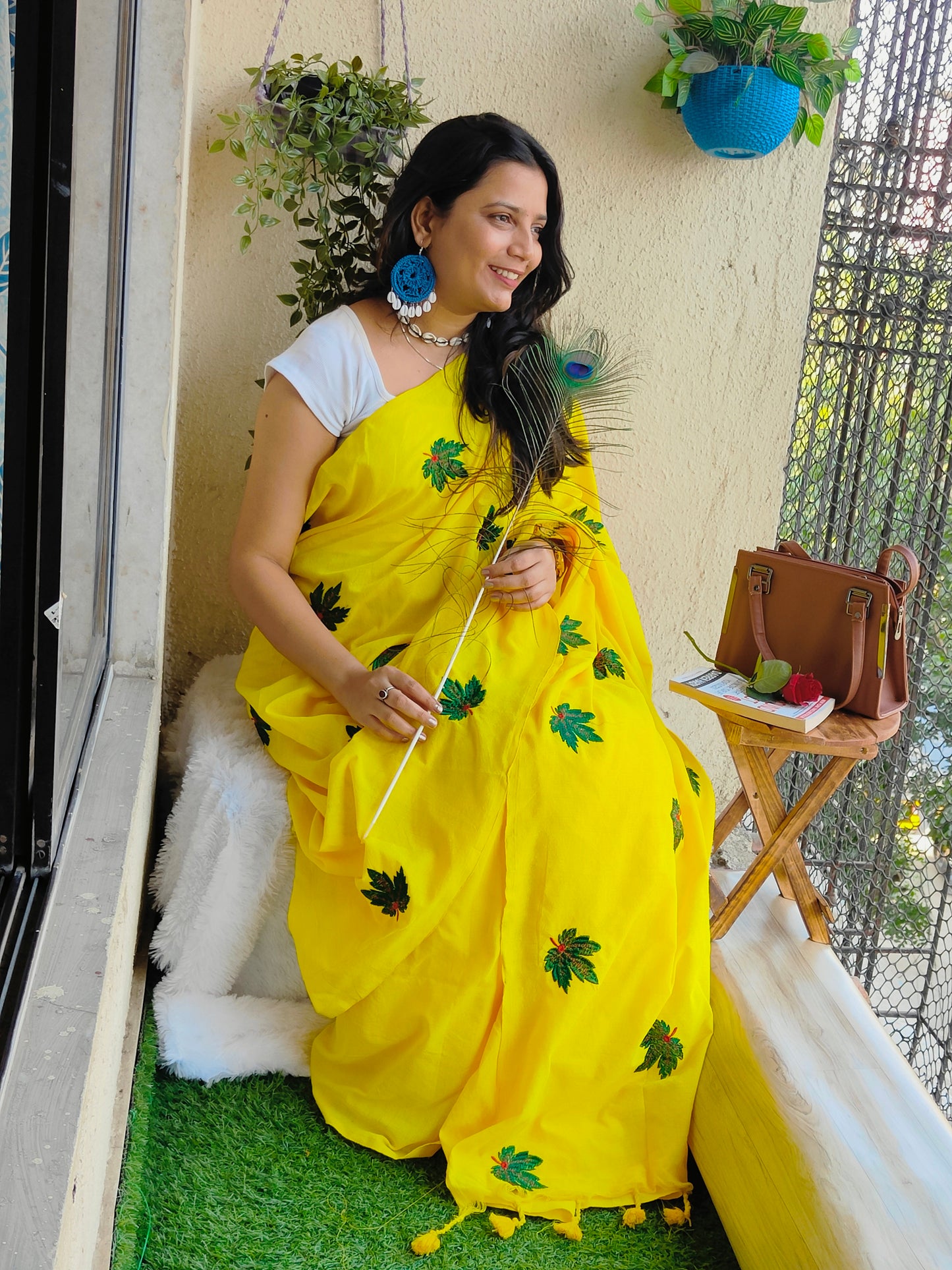 YELLOW LEAFS EMBROIDERED KHADI COTTON SAREE