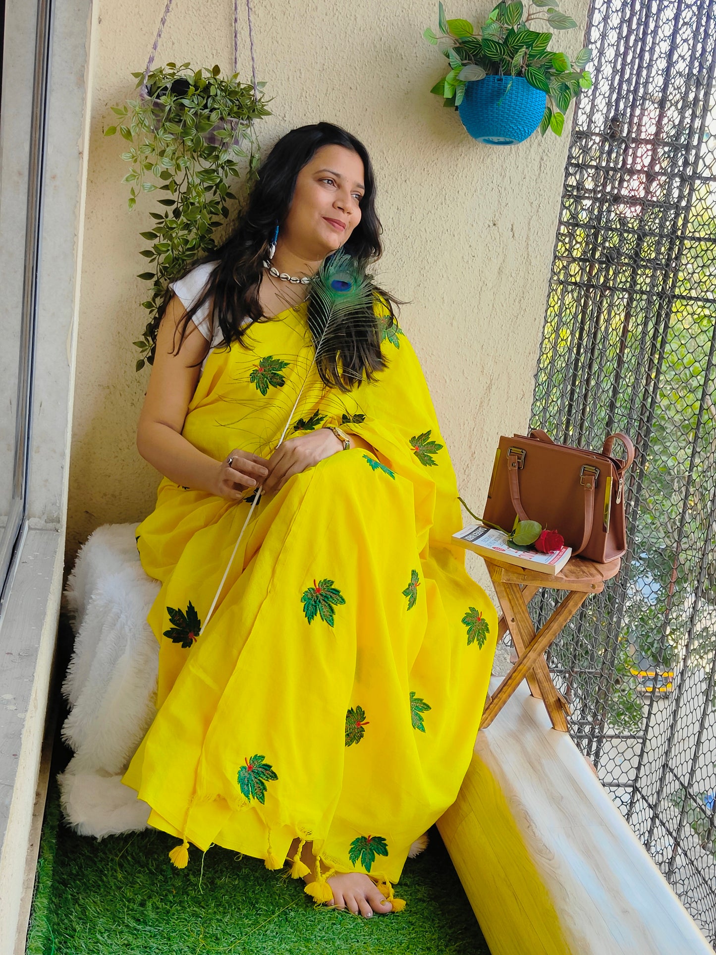 YELLOW LEAFS EMBROIDERED KHADI COTTON SAREE