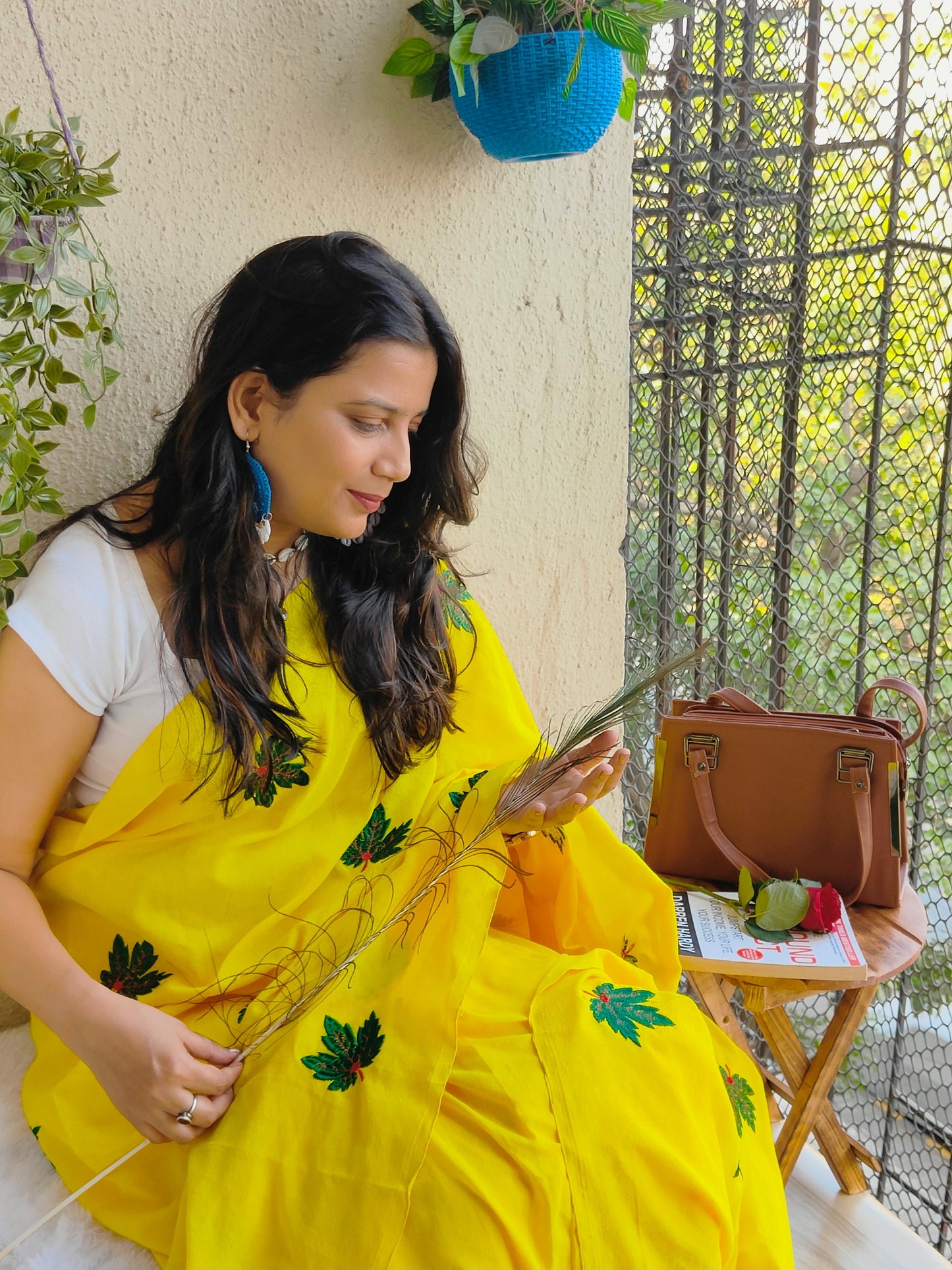 YELLOW LEAFS EMBROIDERED KHADI COTTON SAREE