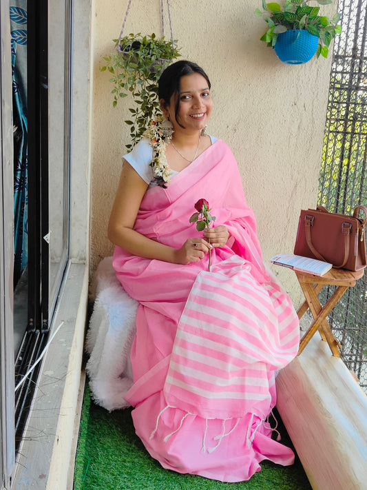 PINK AND WHITE STRIPED KHADI COTTON SAREE