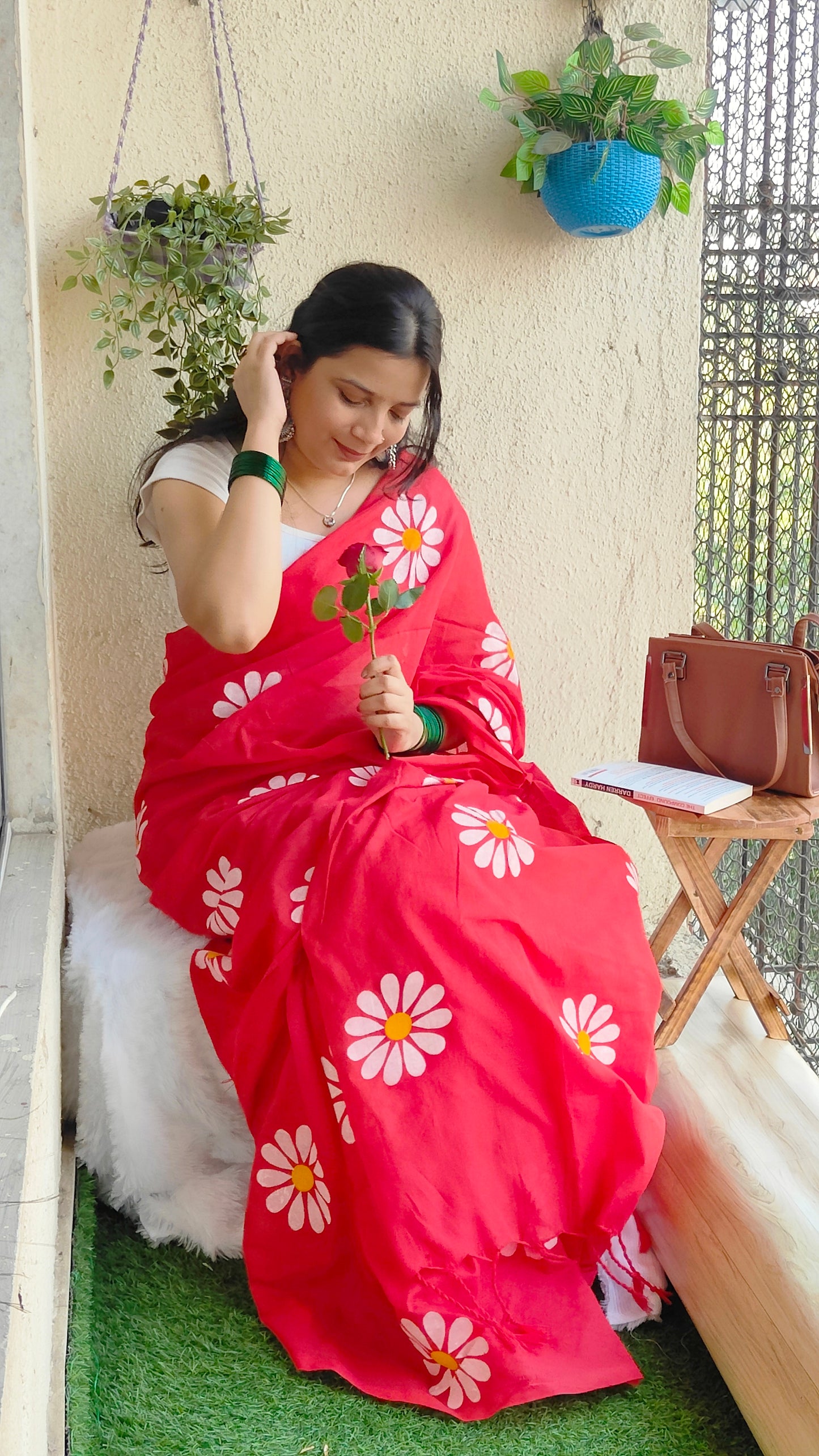 RED SUNFLOWER HAND PAINTED KHADI COTTON SAREE