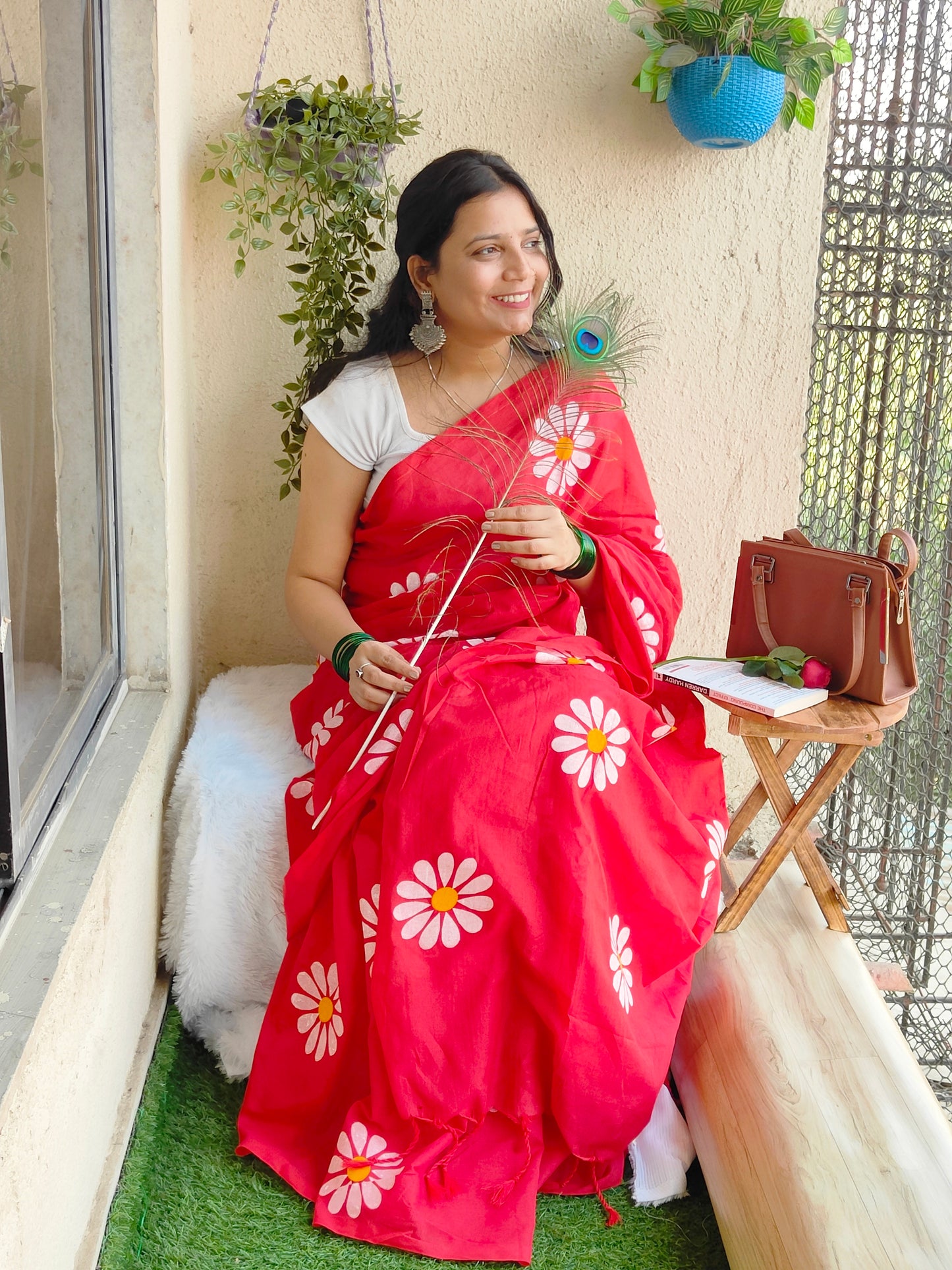 RED SUNFLOWER HAND PAINTED KHADI COTTON SAREE