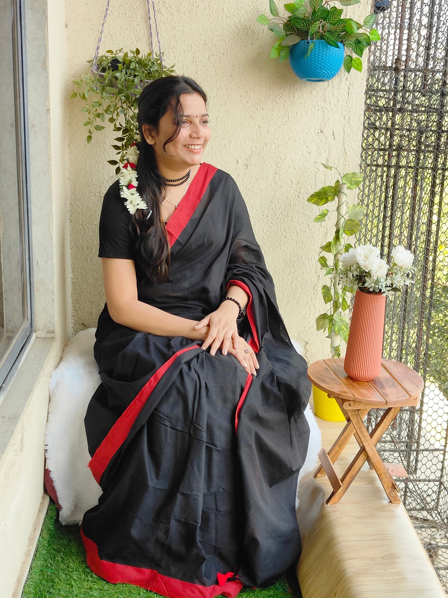 BLACK AND RED BORDER KHADI COTTON SAREE