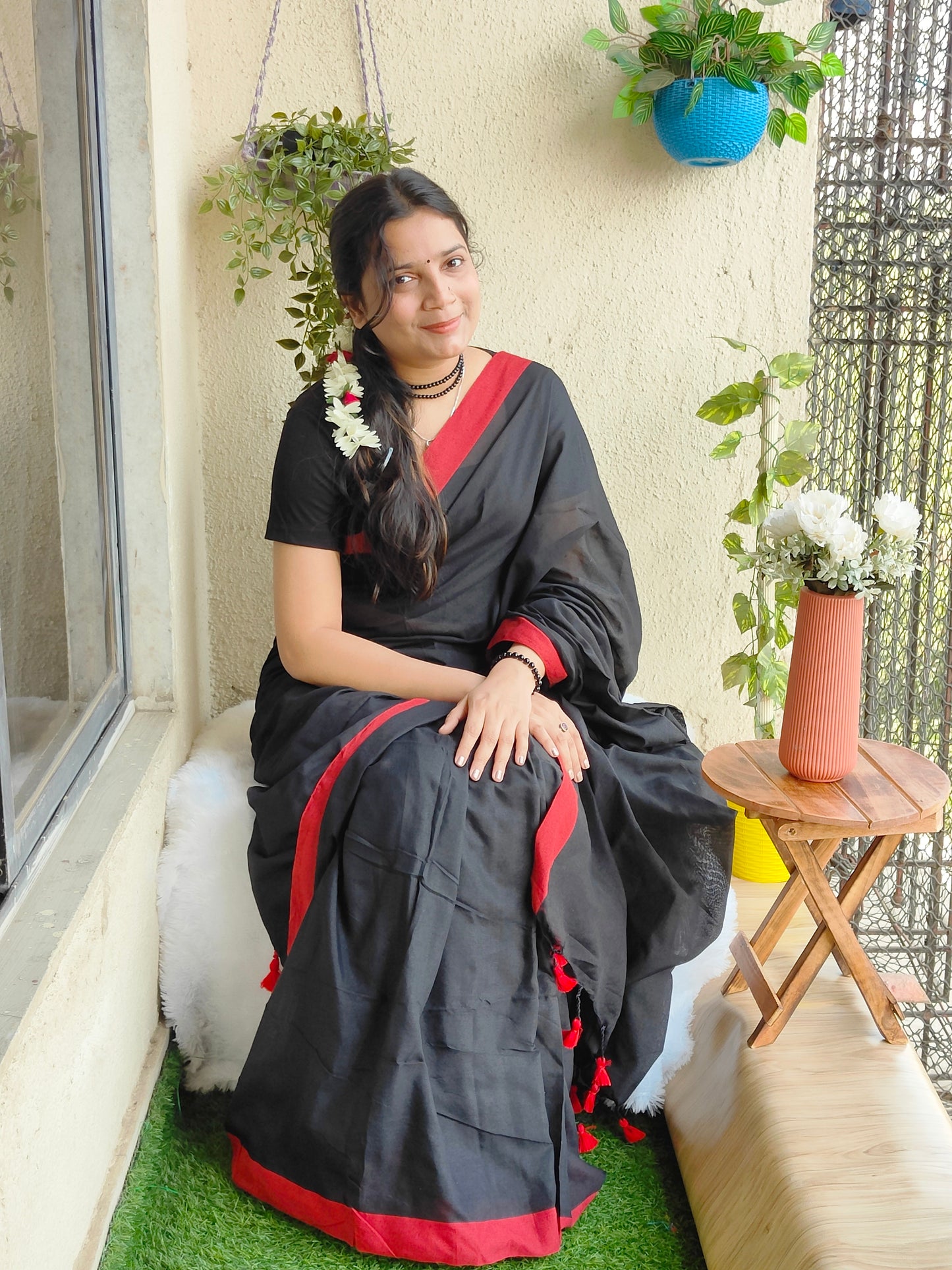 BLACK AND RED BORDER KHADI COTTON SAREE