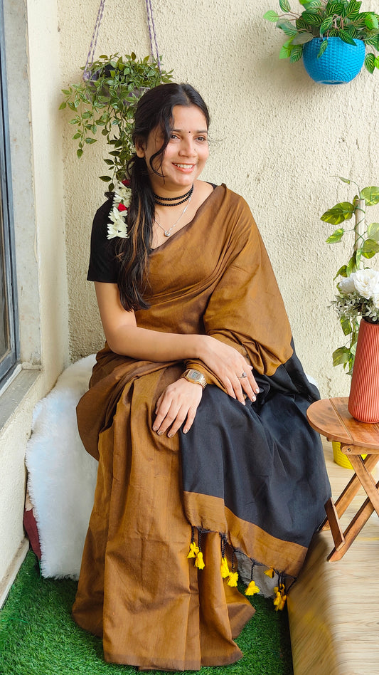 BLACK AND GOLD KHADI COTTON SAREE