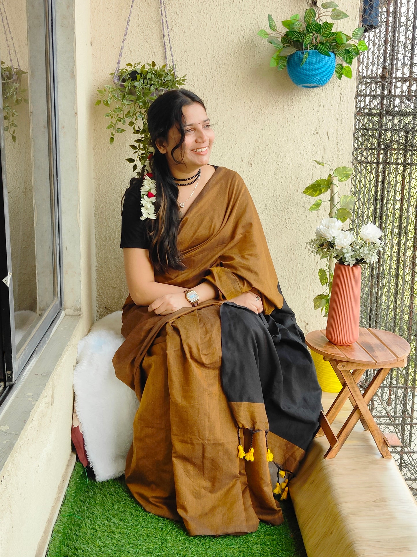 BLACK AND GOLD KHADI COTTON SAREE