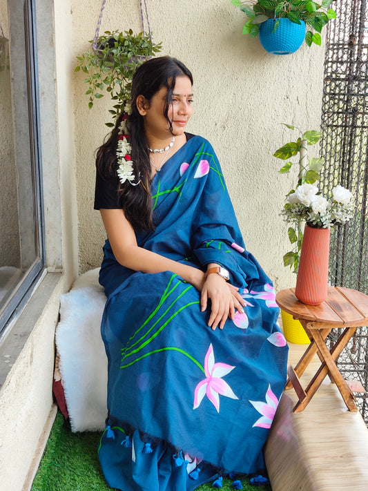 BLUE LOTUS HAND PAINTED KHADI COTTON SAREE