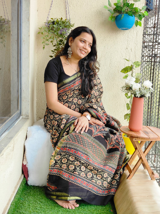 BLACK AJRAKH CHANDERI COTTON SAREE