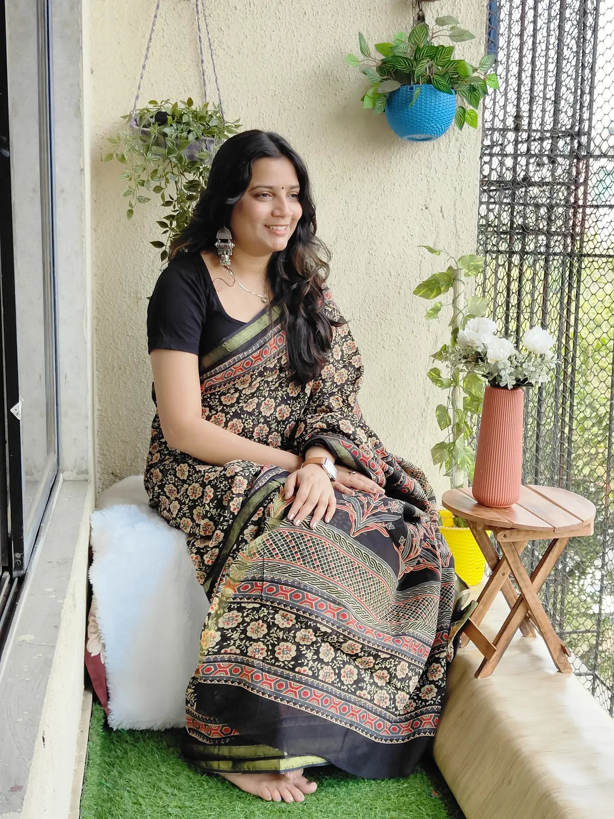 BLACK AJRAKH CHANDERI COTTON SAREE