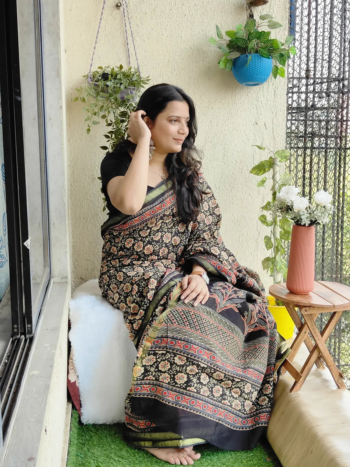 BLACK AJRAKH CHANDERI COTTON SAREE