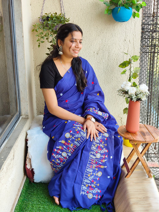 BLUE EMBROIDERED KHADI COTTON SAREE