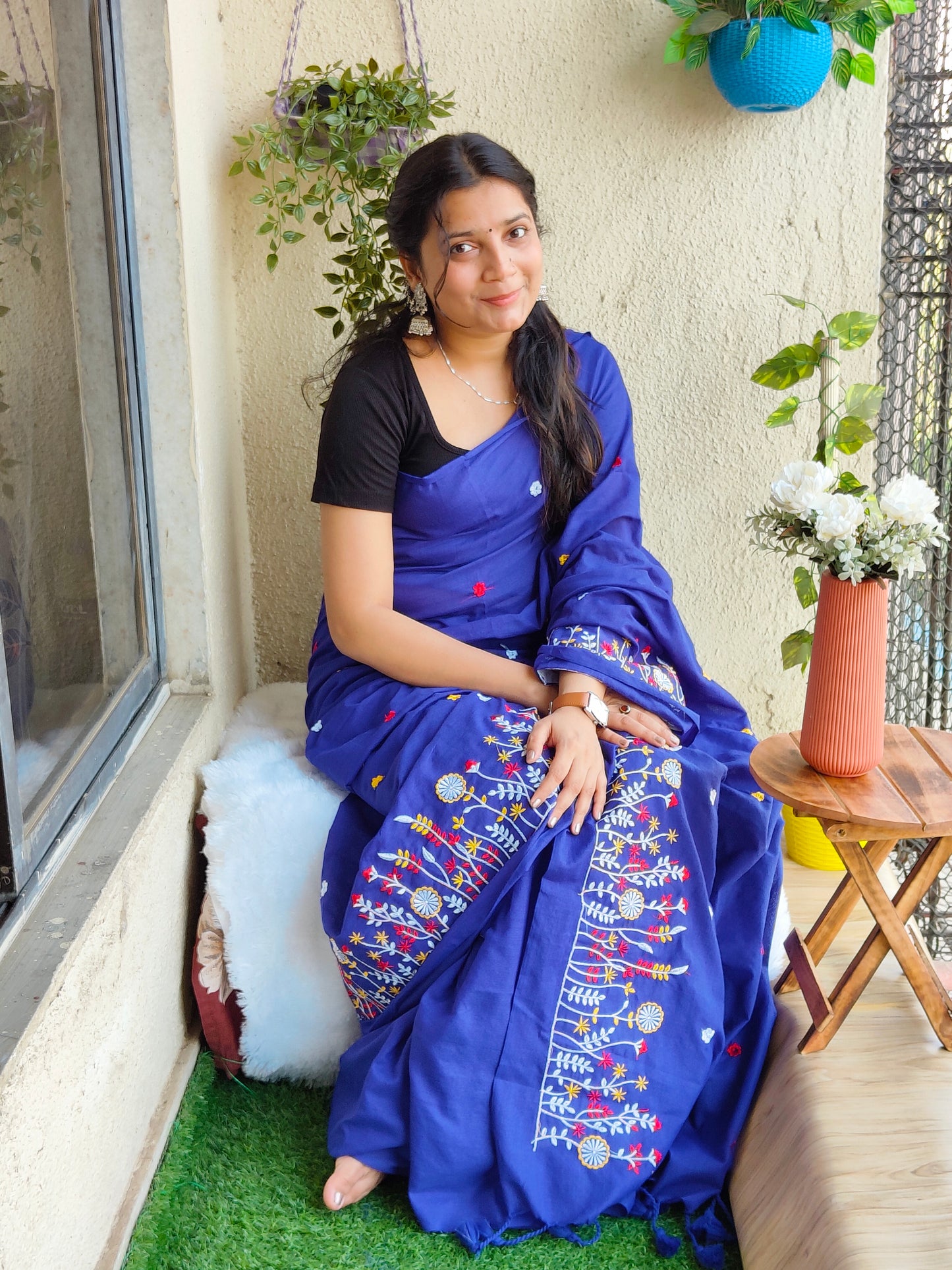 BLUE EMBROIDERED KHADI COTTON SAREE