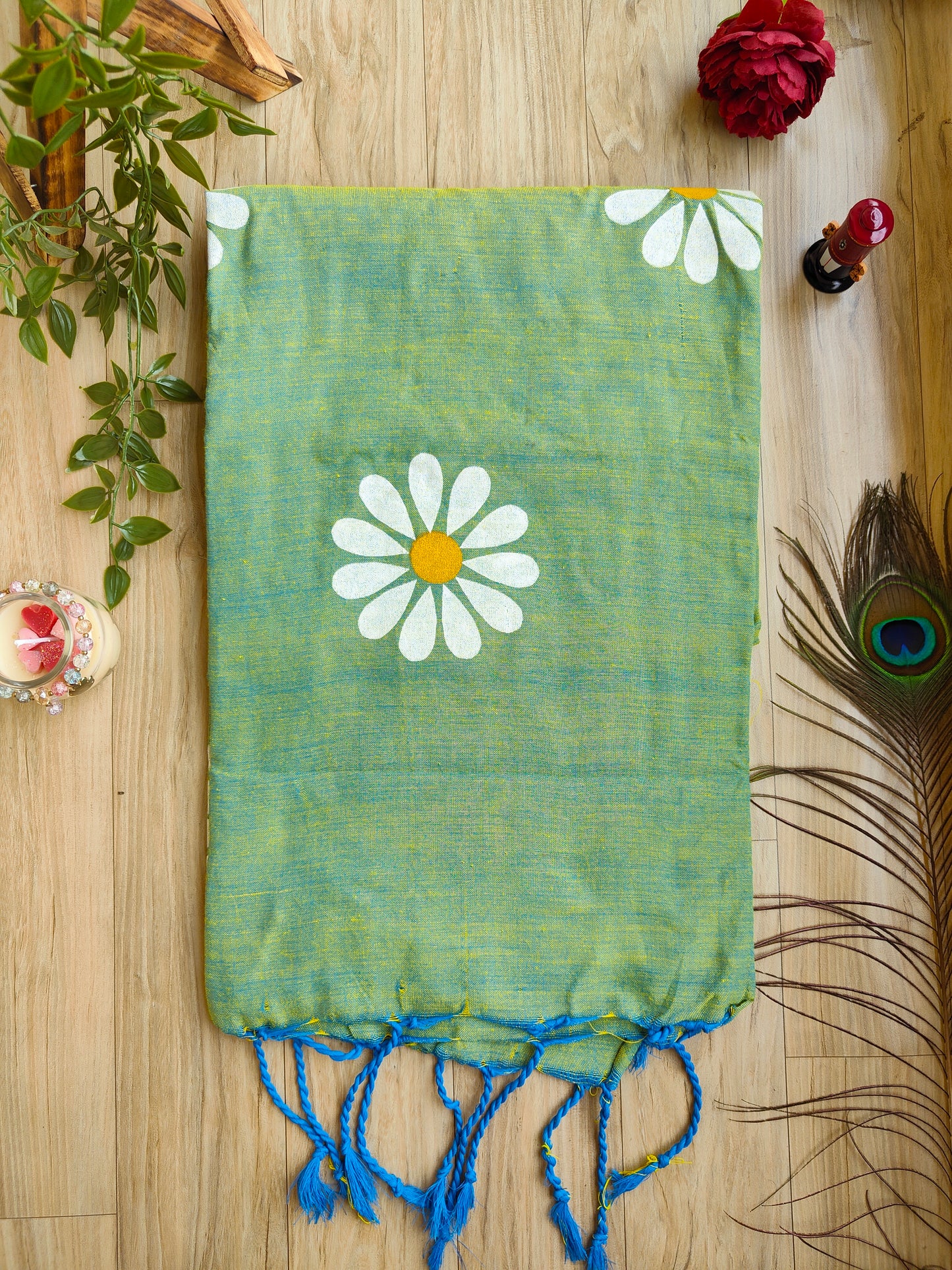 GOLDEN TEAL SUNFLOWER HAND PAINTED KHADI COTTON SAREE