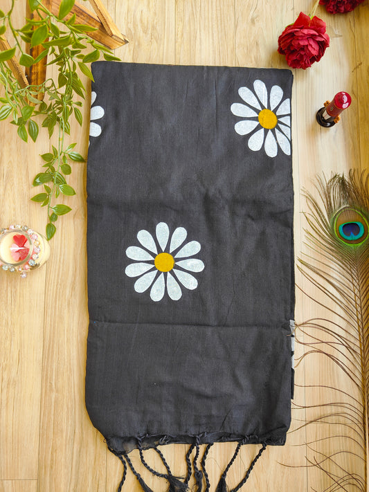 BLACK SUNFLOWER HAND PAINTED KHADI COTTON SAREE