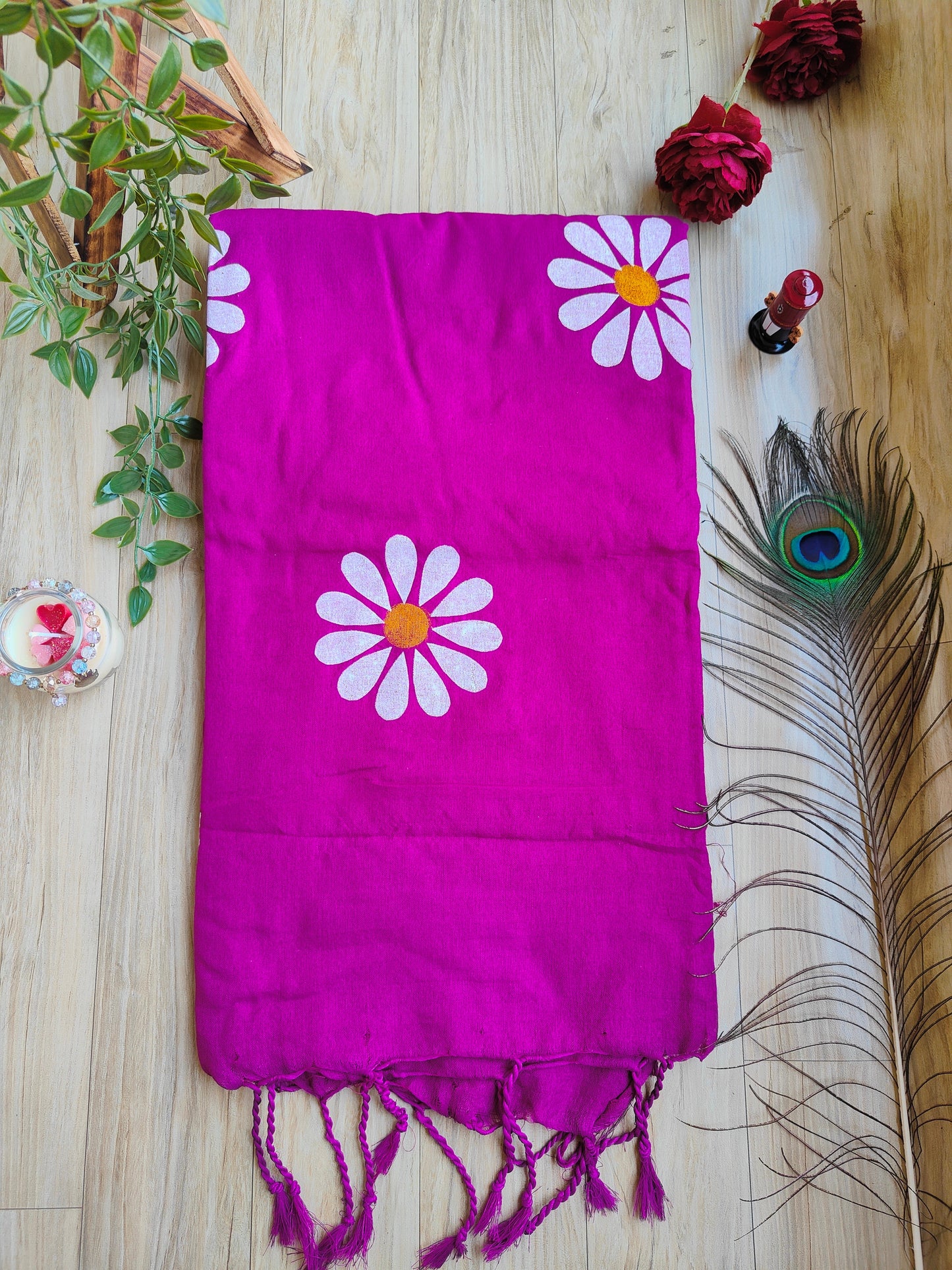 MAGENTA SUNFLOWER HAND PAINTED KHADI COTTON SAREE