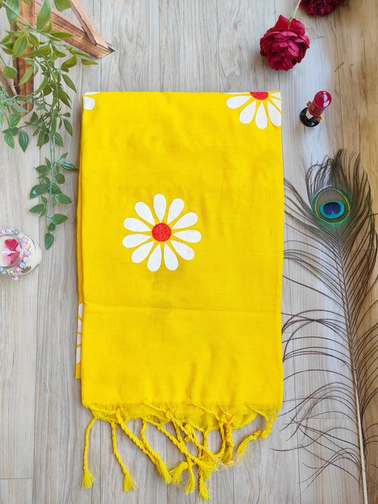 YELLOW SUNFLOWER HAND PAINTED KHADI COTTON SAREE