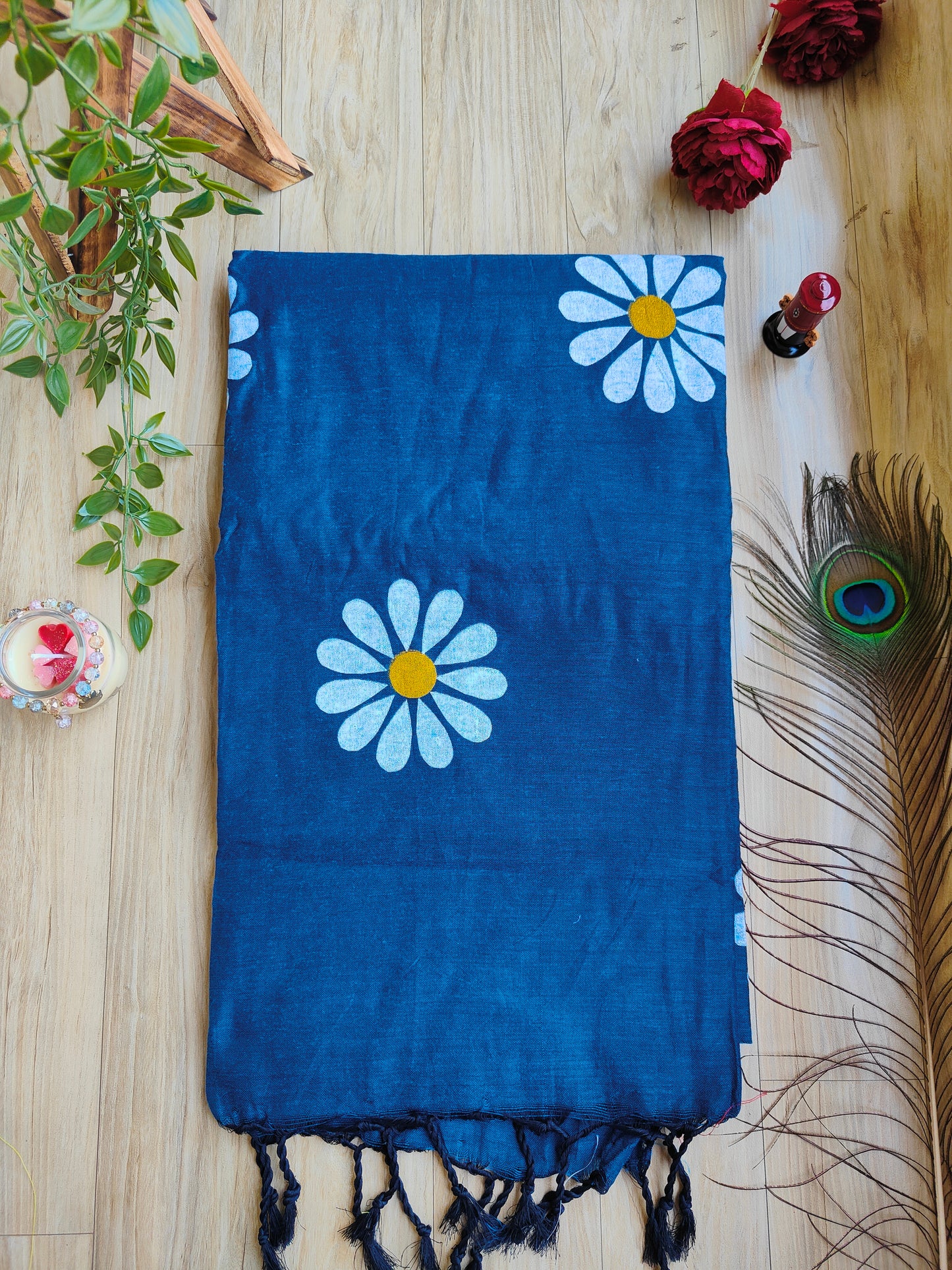 DARK BLUE SUNFLOWER HAND PAINTED KHADI COTTON SAREE