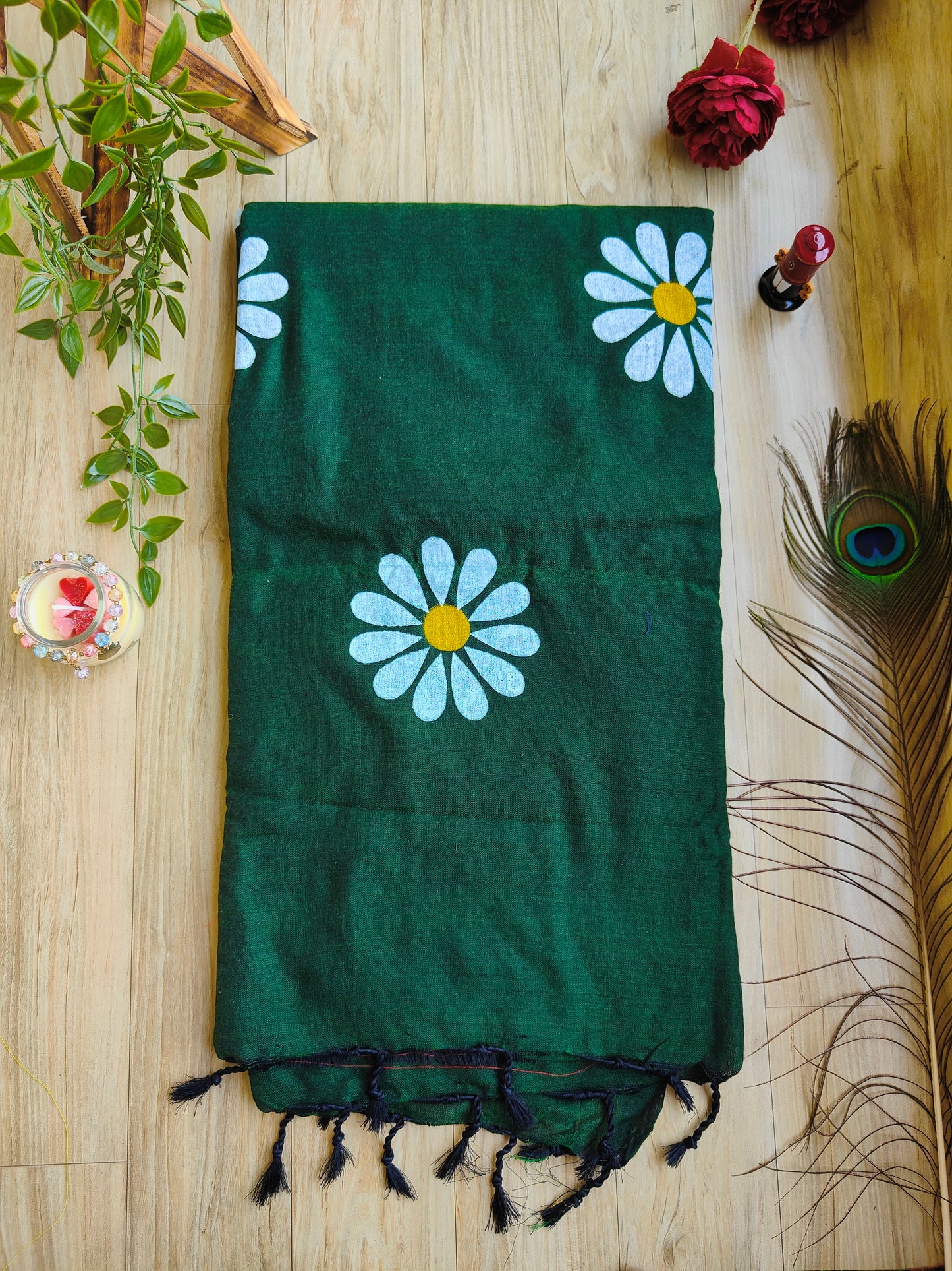 BOTTLE GREEN SUNFLOWER HAND PAINTED KHADI COTTON SAREE