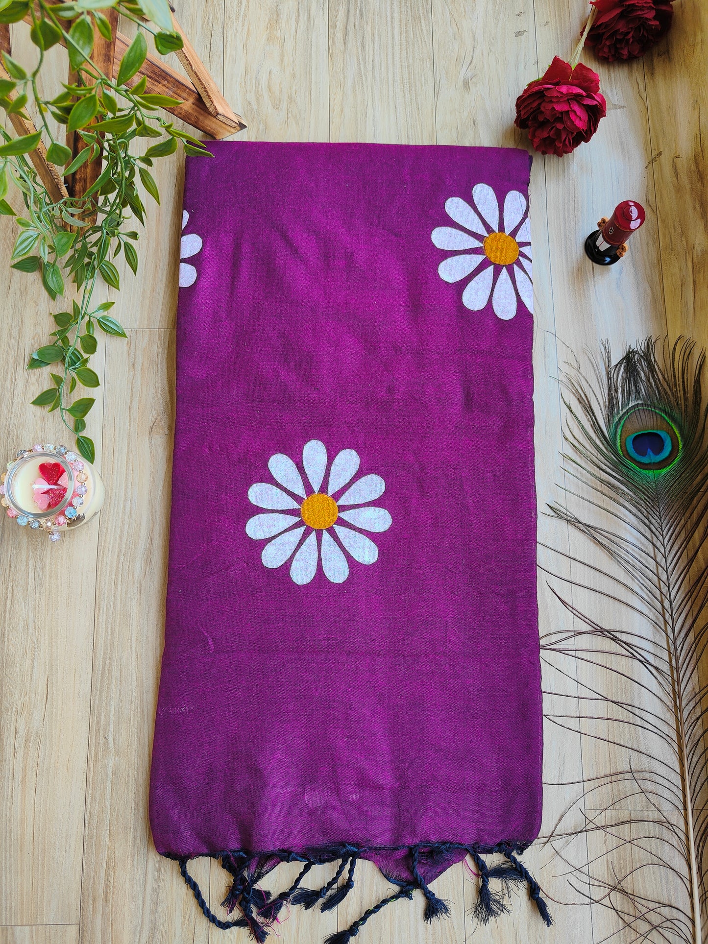 PURPLE SUNFLOWER HAND PAINTED KHADI COTTON SAREE