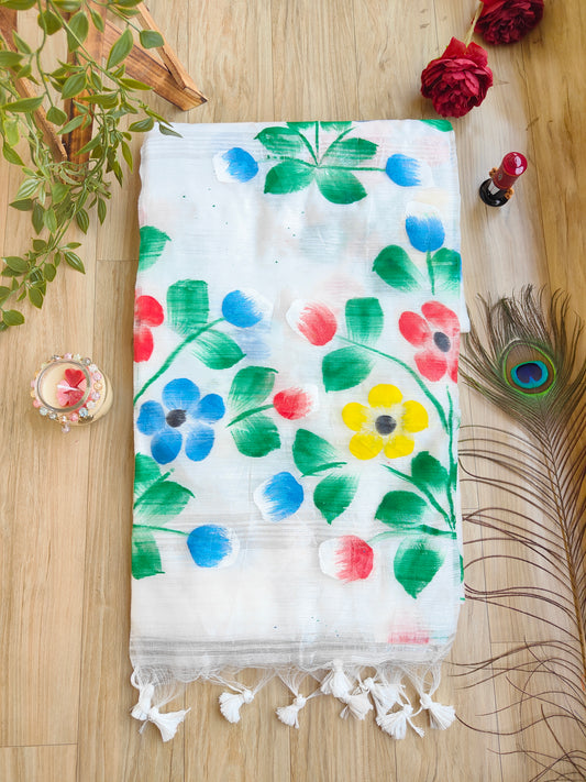 WHITE HAND PAINTED SLAB COTTON SAREE