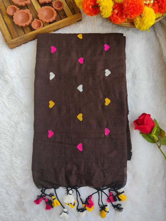 DEEP BROWN LOVE EMBROIDERED KHADI COTTON SAREE