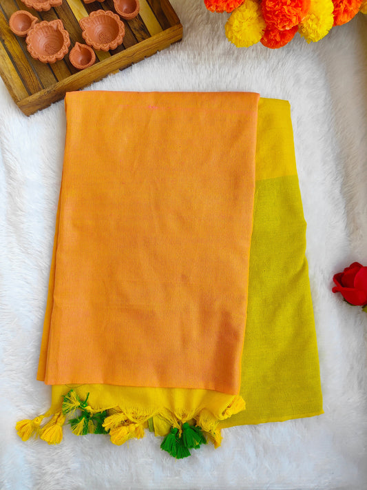 YELLOW ORANGE GREEN KHADI COTTON SAREE