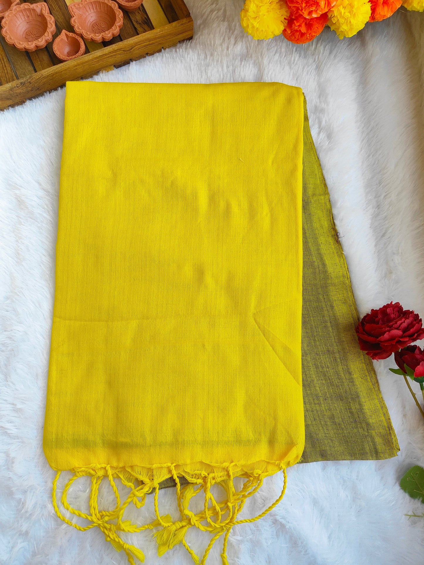 YELLOW GREEN KHADI COTTON SAREE