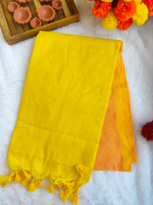 YELLOW ORANGE GREEN KHADI COTTON SAREE