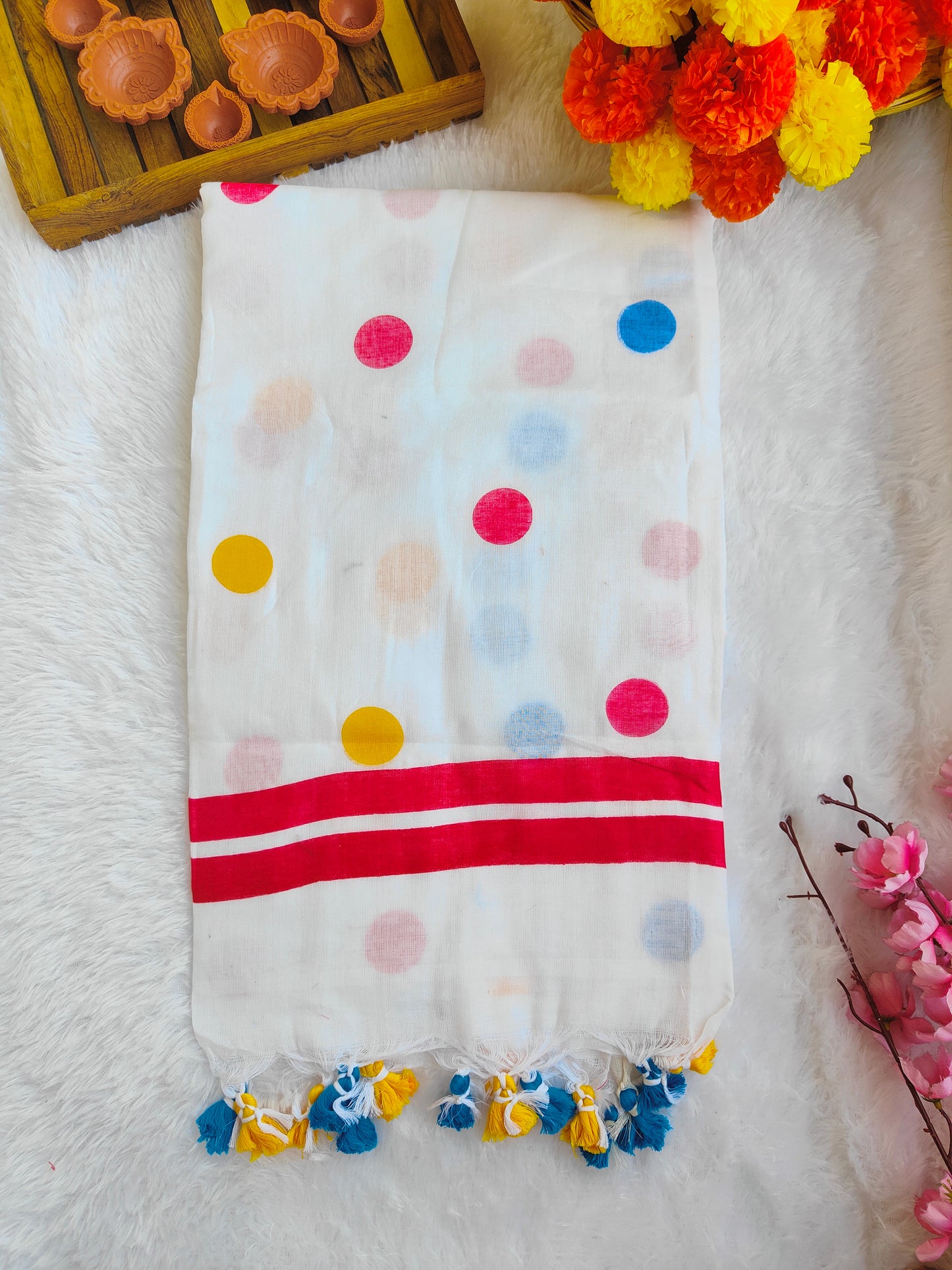 WHITE POLKA DOTS KHADI COTTON SAREE