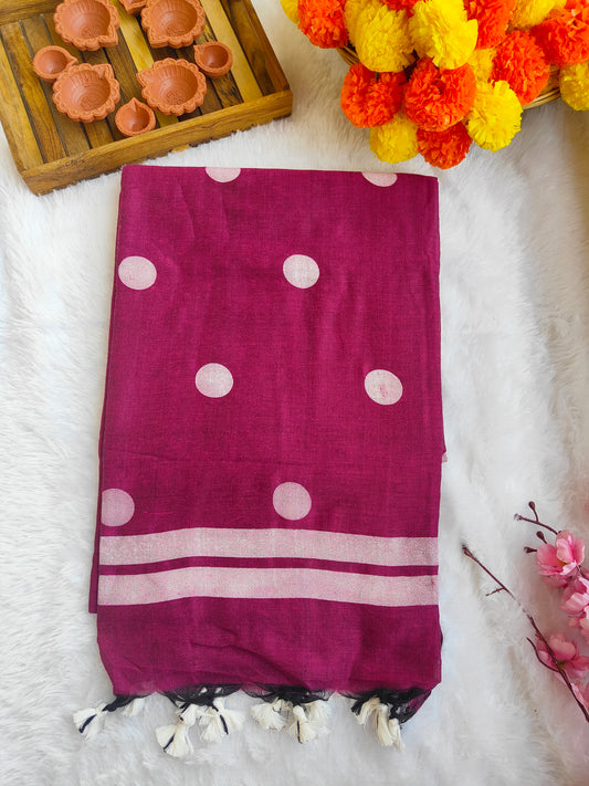 MAGENTA POLKA DOTS KHADI COTTON SAREE