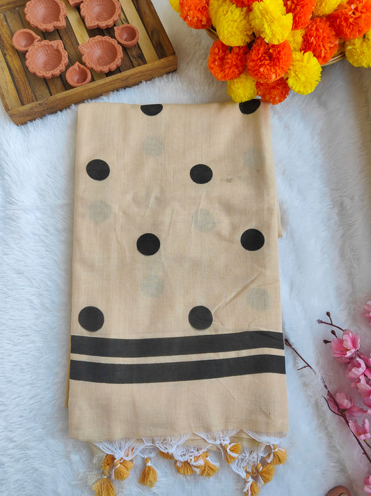 CREAM POLKA DOTS KHADI COTTON SAREE