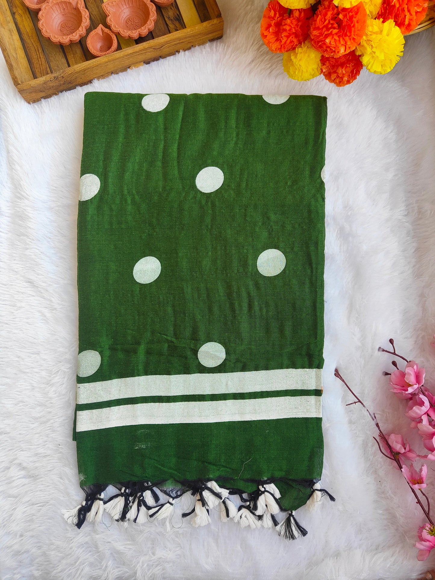 GREEN POLKA DOTS KHADI COTTON SAREE