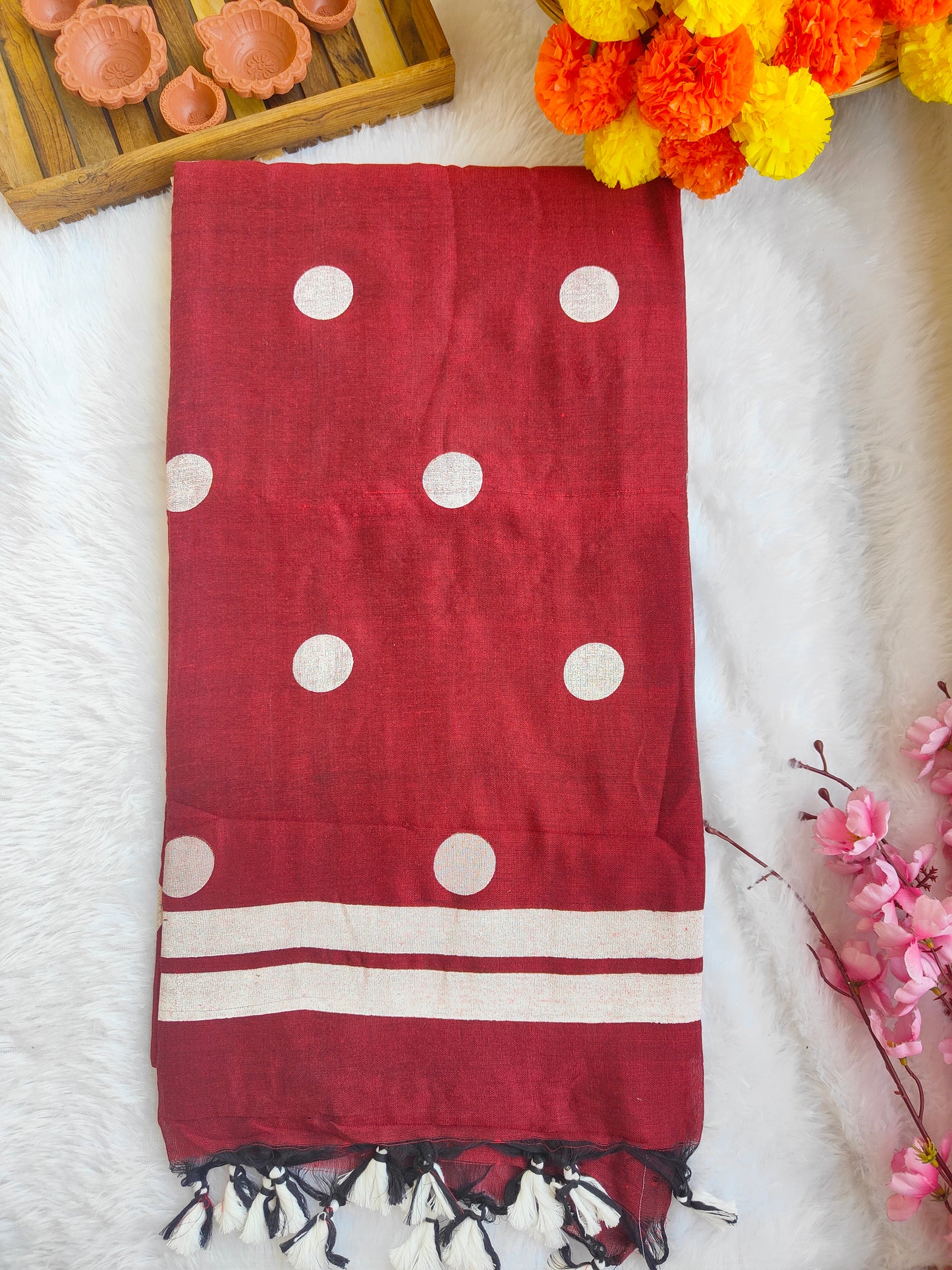 MAROON POLKA DOTS KHADI COTTON SAREE