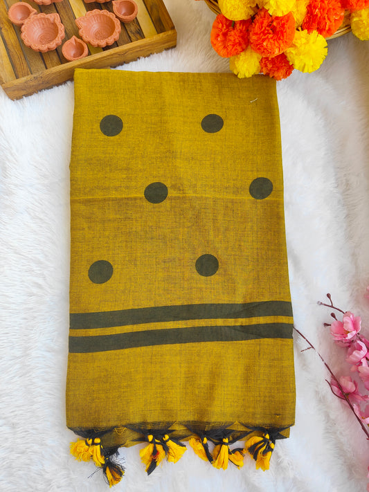 MUSTARD POLKA DOTS KHADI COTTON SAREE