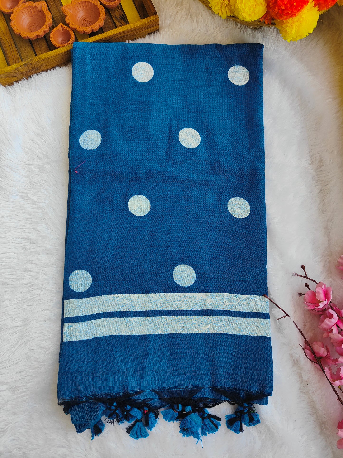 BLUE POLKA DOTS KHADI COTTON SAREE