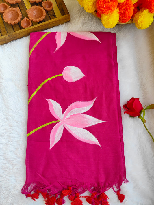 PINK LOTUS HAND PAINTED KHADI COTTON SAREE