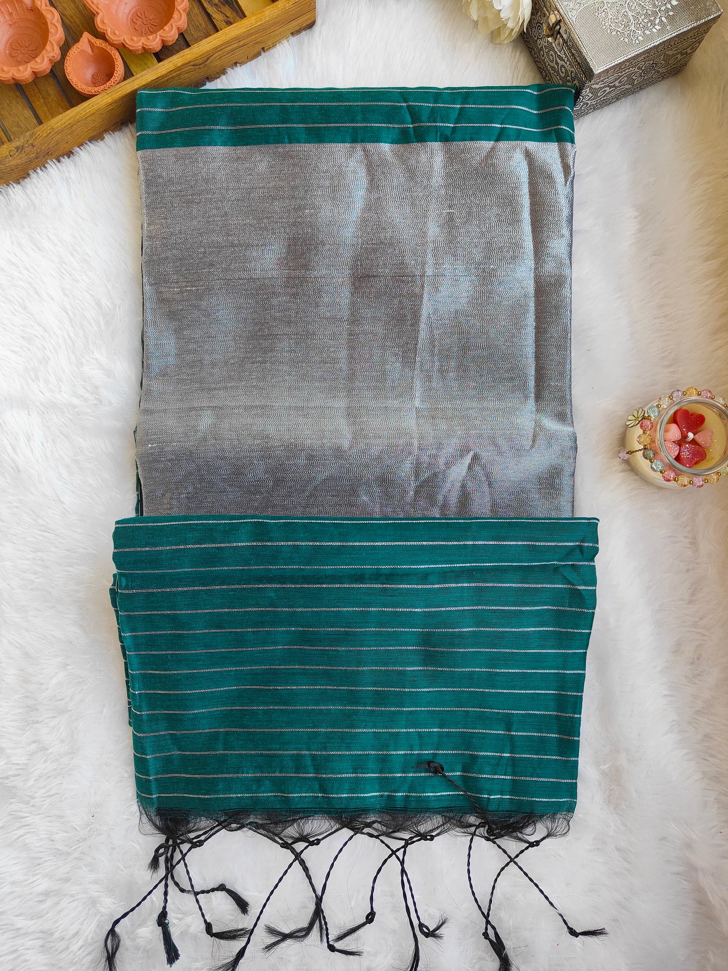 TEAL AND SILVER COTTON ZARI SAREE