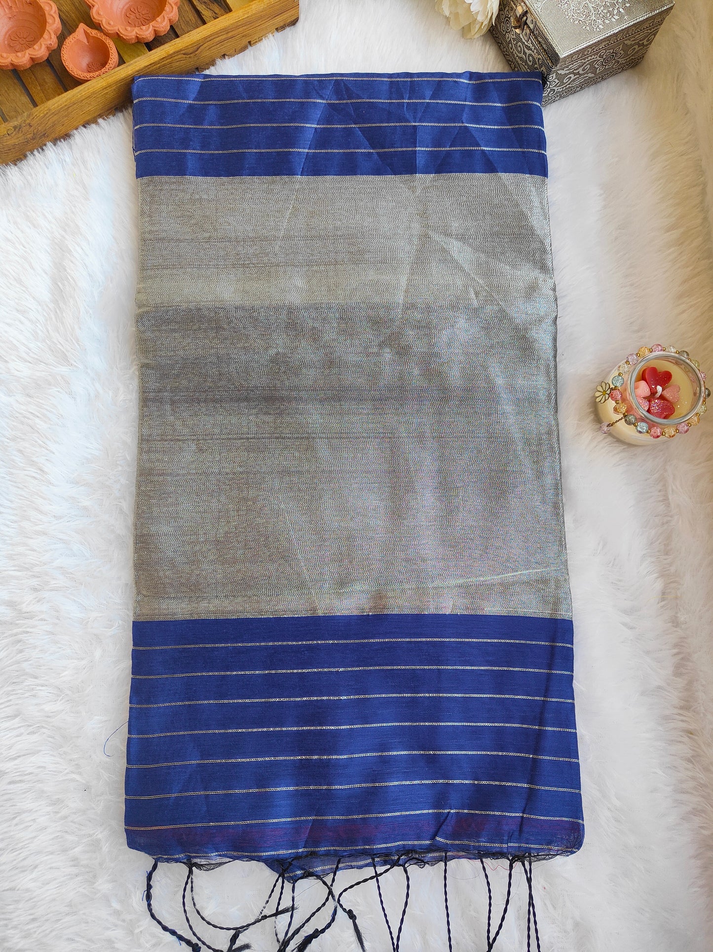 BLUE AND SILVER COTTON ZARI SAREE