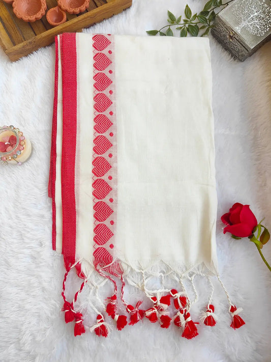 WHITE AND RED LOVE KHADI COTTON SAREE