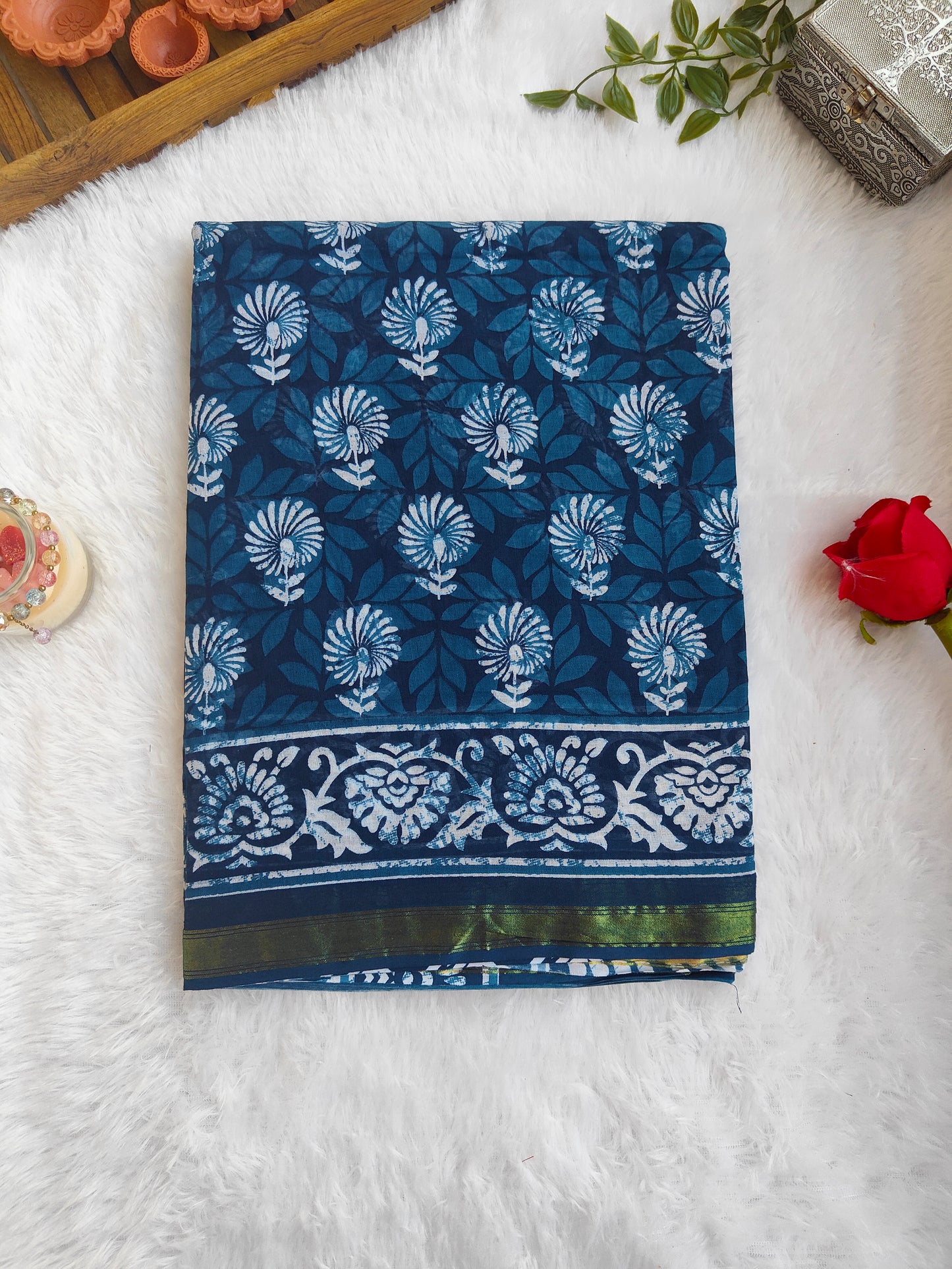 INDIGO AJRAKH CHANDERI COTTON SAREE