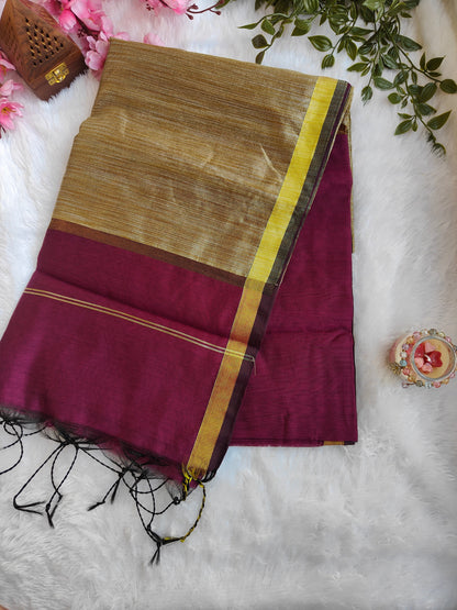 MAGENTA AND GOLD COTTON ZARI SAREE