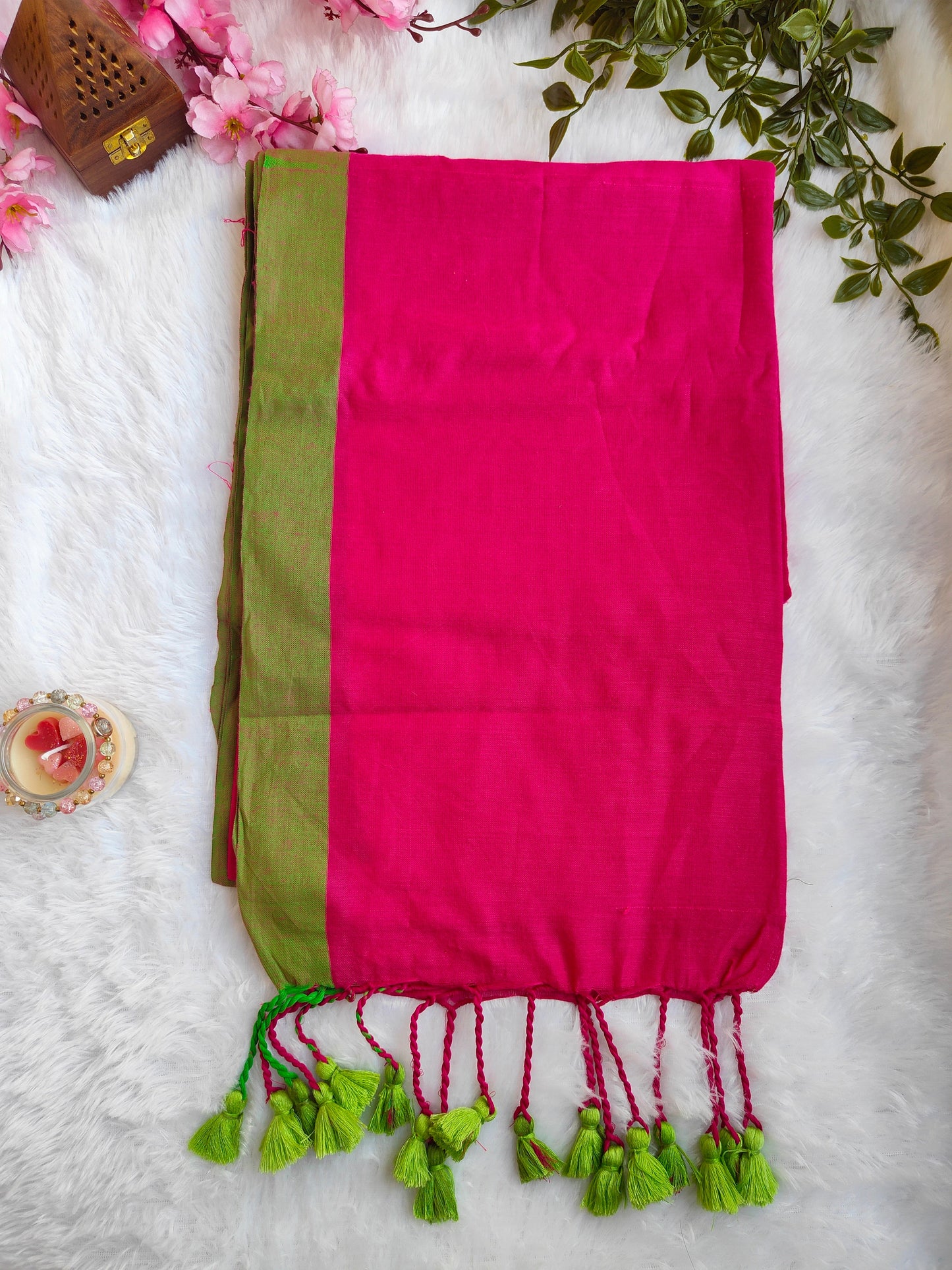 PINK & PARROT GREEN BORDER KHADI COTTON SAREE