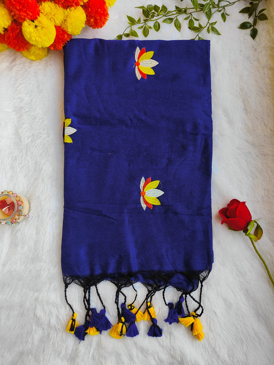 BLUE LOTUS EMBROIDERED MUL COTTON SAREE