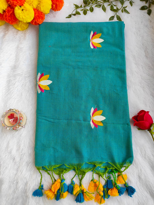 SEA GREEN LOTUS EMBROIDERED MUL COTTON SAREE