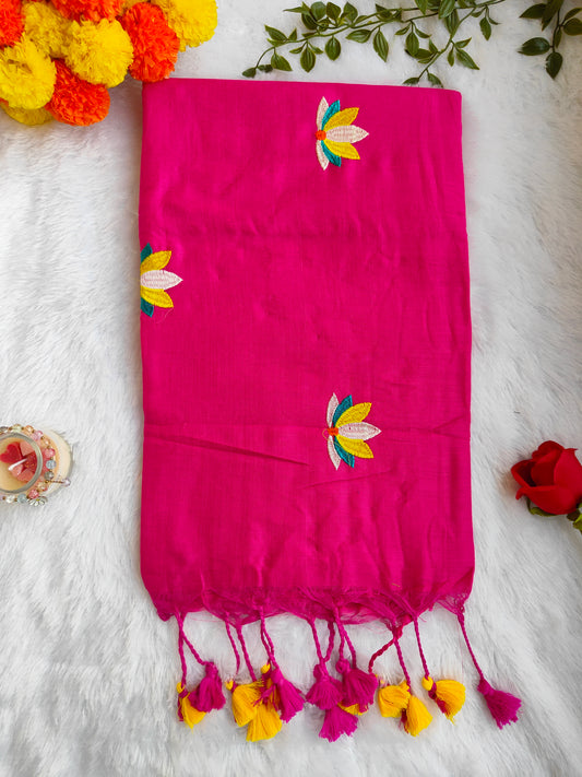 PINK LOTUS EMBROIDERED MUL COTTON SAREE