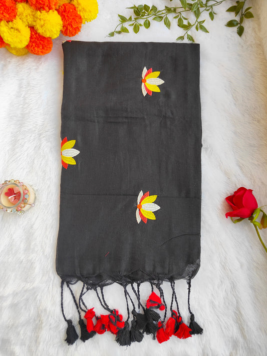 BLACK LOTUS EMBROIDERED MUL COTTON SAREE