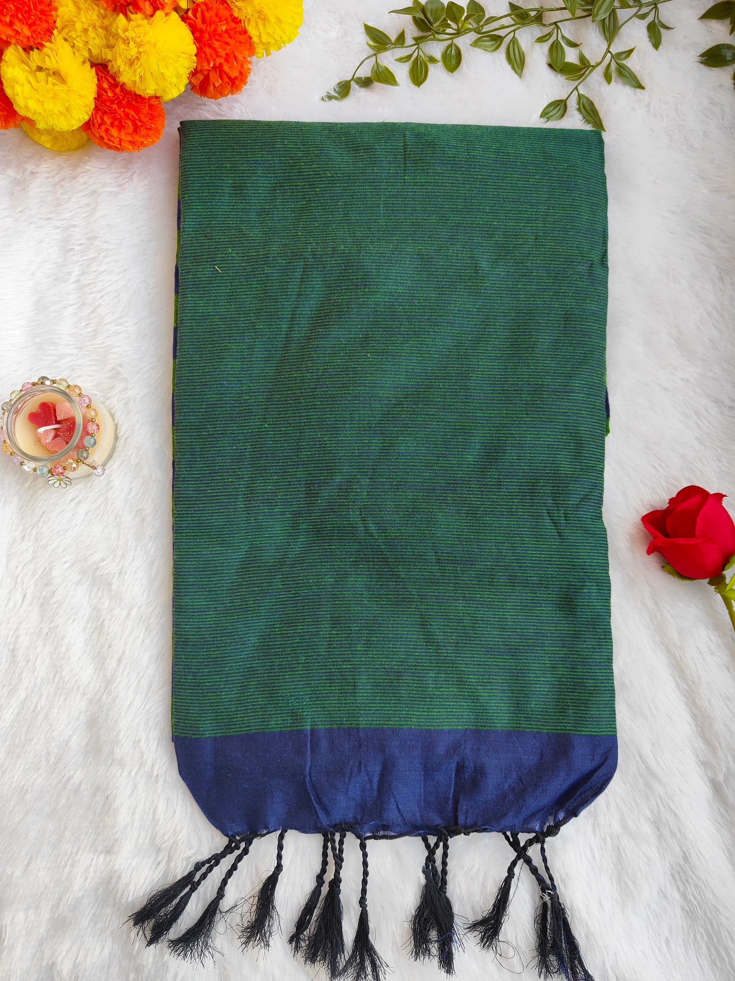 GREEN AND BLUE STRIPED KHADI COTTON SAREE