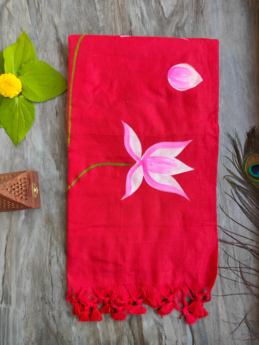 RED LOTUS HAND PAINTED KHADI COTTON SAREE