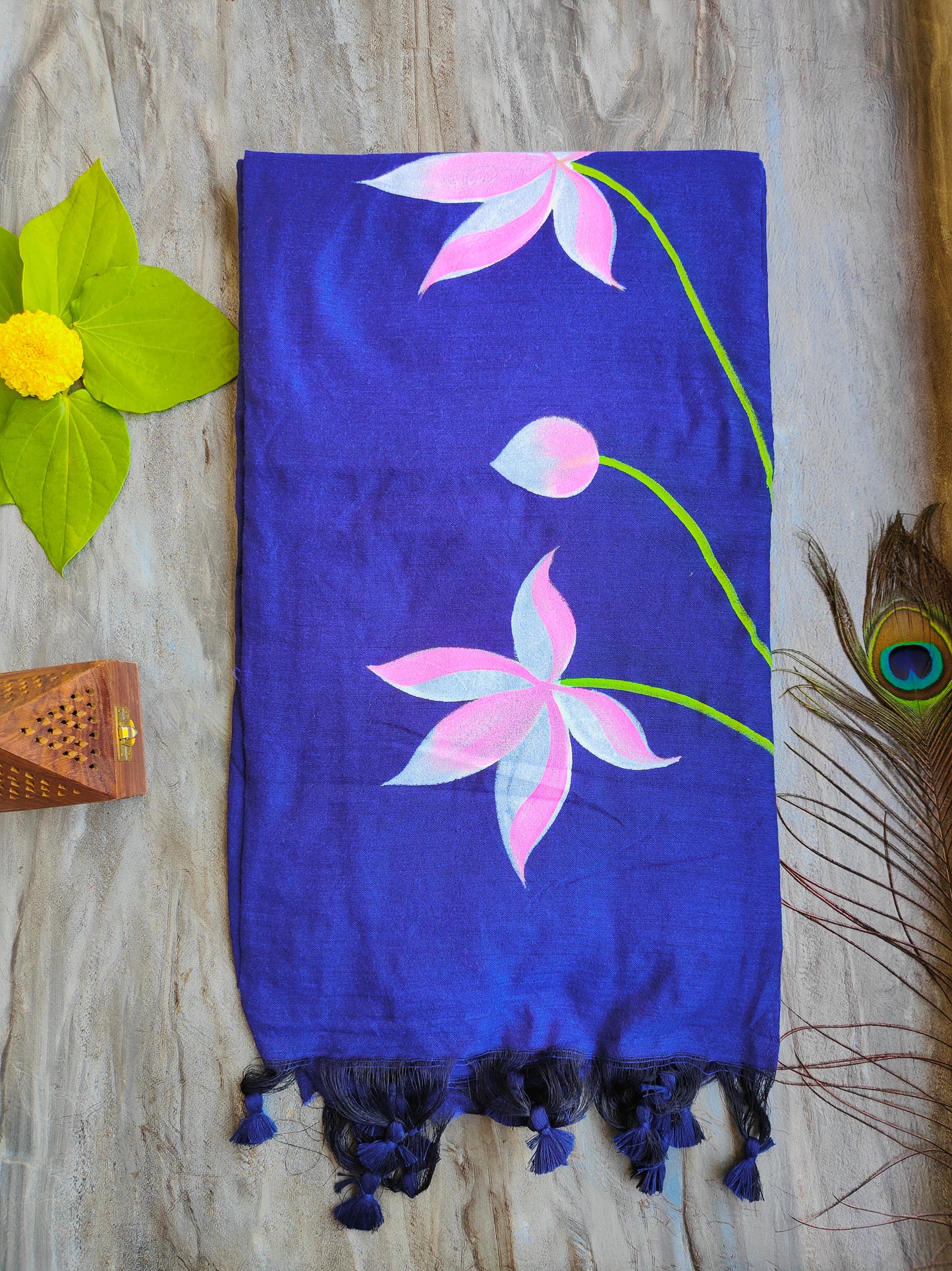 BLUE LOTUS HAND PAINTED KHADI COTTON SAREE